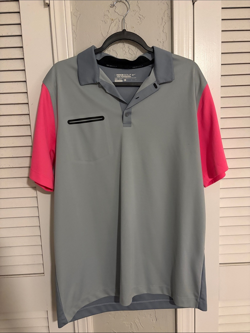 Nike Men's Light Gray Polo with Bright Pink Sleeves